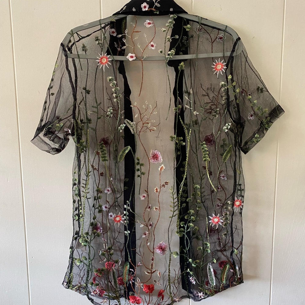 Mesh embroidered button up shirt